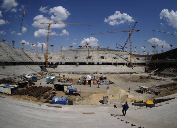 VOLGOGRAD, RUSSIA - JULY 22, 2016: The construction site of Volgograd Arena. The stadium of up to 45,000 capacity will host 2018 FIFA World Cup WM Weltmeisterschaft Fussball matches. Dmitry Rogulin TASS  TS02AD3A