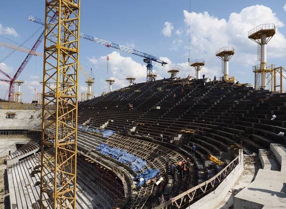 VOLGOGRAD, RUSSIA - JULY 22, 2016: The construction site of Volgograd Arena. The stadium of up to 45,000 capacity will host 2018 FIFA World Cup WM Weltmeisterschaft Fussball matches. Dmitry Rogulin TASS  TS02AD3D