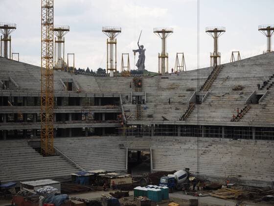 VOLGOGRAD, RUSSIA - JULY 22, 2016: The construction site of Volgograd Arena. The stadium of up to 45,000 capacity will host 2018 FIFA World Cup WM Weltmeisterschaft Fussball matches. Dmitry Rogulin TASS  TS02AD44