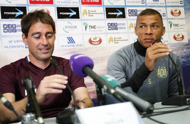 Anderlecht s head coach Rene Weiler and Anderlecht s Sebastien De Maio pictured during a press conference PK Pressekonferenz of Belgian first league soccer team RSC Anderlecht in Rostov-on-Don, Russia, Monday 25 July 2016. Tomorrow Anderlecht is playing the first leg of the third qualification round for the Champions League competition against Russian team FC Rostov. VIRGINIExLEFOUR  x04898649x