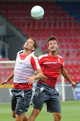 Soccer players of Viktoria Plzen Marek Bakos (left) and Jakub Hromada in action during the training session prior to 3rd qualifying round of football Champions League, 1st leg: Viktoria Plzen vs Karabach in Plzen, Czech Republic, July 25, 2016. (CTKxPhoto PavelxNemecek) CTKPhotoP201607250771001  nmc6
