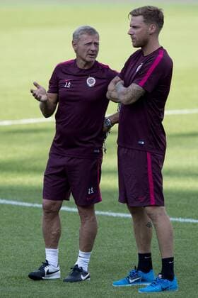 Coach of Sparta Praha Zdenek Scasny (left) talks to Radoslav Kovac during the training session prior to 3rd qualifying round of football Champions League, 1st leg: Sparta Praha vs Steaua Bucharest in Prague, Czech Republic, July 25, 2016. (CTKxPhoto MichalxKamaryt) CTKPhotoP201607250757701  kmt 6