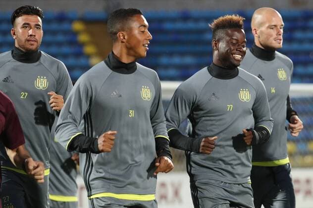 Anderlecht s Youri Tielemans and Anderlecht s Nathan Kabasale pictured during a training session of Belgian first league soccer team RSC Anderlecht in Rostov-on-Don, Russia, Monday 25 July 2016. Tomorrow Anderlecht is playing the first leg of the third qualification round for the Champions League competition against Russian team FC Rostov. VIRGINIExLEFOUR  x04898683x