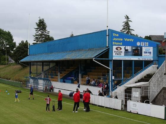 The Stand named in honour of Jamie Vardy at the Stockbridge Park Steels club during the pre season friendly at the Local Look Stadium, Stocksbridge. Picture date: July 9th, 2016. Pic Simon Bellis Sportimage EDITORIAL USE ONLY. No use with unauthorised audio, video, data, fixture lists, club league logos or live services. Online in-match use limited to 120 images, no video emulation. No use in betting, games or single club league player publications.