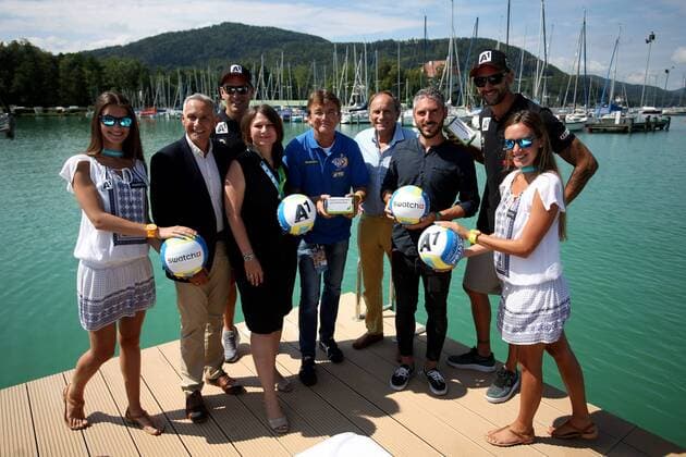 BEACHVOLLEYBALL - A1 Major Klagenfurt 2016 KLAGENFURT,AUSTRIA,26.JUL.16 - Beach volleyball Beachvolleyball - FIVB World Tour 2016, A1 Major Klagenfurt, press conference PK Pressekonferenz Image shows Juergen Pfeiler, Alexander Horst (AUT), Susanne Speil (A1), organizer Hannes Jagerhofer (ACTS), Otto Umlauft, Leonardo Bottaro (Swatch) and Clemens Doppler (AUT). GEPAxpictures xDanielxGoetzhaber