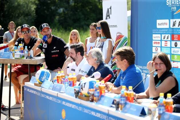 BEACHVOLLEYBALL - A1 Major Klagenfurt 2016 KLAGENFURT,AUSTRIA,26.JUL.16 - Beach volleyball Beachvolleyball - FIVB World Tour 2016, A1 Major Klagenfurt, press conference PK Pressekonferenz Image shows Alexander Horst and Clemens Doppler (AUT). GEPAxpictures xDanielxGoetzhaber