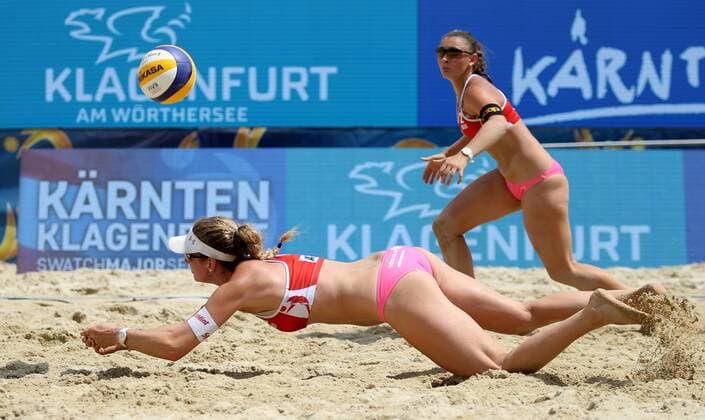 BEACHVOLLEYBALL - A1 Major Klagenfurt 2016 KLAGENFURT,AUSTRIA,26.JUL.16 - Beach volleyball Beachvolleyball - FIVB World Tour 2016, A1 Major Klagenfurt, women. Image shows Nicole Eiholzer and Dunja Gerson (SUI). GEPAxpictures xDanielxGoetzhaber