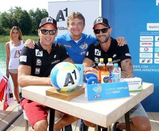 Beach volleyball Beachvolleyball Major Series, Pressekonferenz. Alexander Horst, Hannes Jagerhofer, Clemens Doppler. Klagenfurt, 26.7.2016.