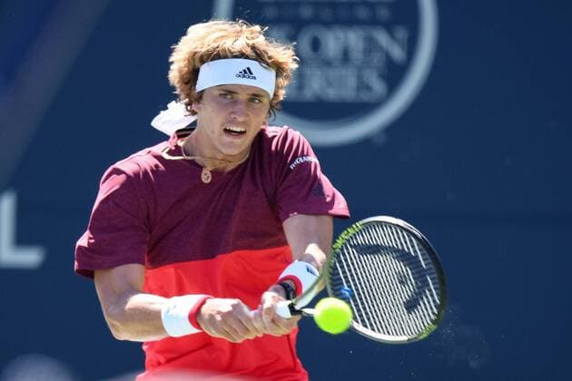 July 26, 2016:Alexander Zverev of Germany returns the ball to Yen-Hsun Lu of Taipei during their first round match of the Rogers Cup tournament at the Aviva Centre in Toronto, Ontario, Canada on July 26, 2016. Cal Media TENNIS 2016 - Rogers Cup Toronto July 26 - ZUMAc04_