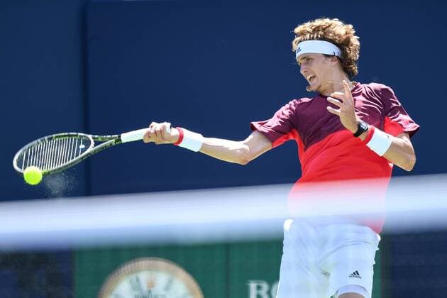 July 26, 2016:Alexander Zverev of Germany returns the ball to Yen-Hsun Lu of Taipei during their first round match of the Rogers Cup tournament at the Aviva Centre in Toronto, Ontario, Canada on July 26, 2016. Cal Media TENNIS 2016 - Rogers Cup Toronto July 26 - ZUMAc04_