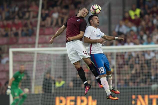 Martin Frydek of Sparta, left, and Adnan Aganovic of Steaua in action during the 3rd qualifying round of football Champions League, 1st leg: Sparta Praha vs Steaua Bucharest in Prague, Czech Republic, July 26, 2016. (CTKxPhoto MichalxKamaryt) CTKPhotoP201607260933001  kmt 3