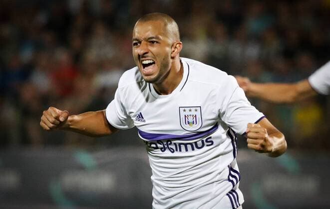 Anderlecht s Sofiane Hanni celebrates after scoring during the first leg of the third qualification round between Belgian first league soccer team RSC Anderlecht and Russian team FC Rostov in the Champions League competition, on Tuesday 26 July 2016, in Rostov-on-Don, Russia. VIRGINIExLEFOUR  x04899205x