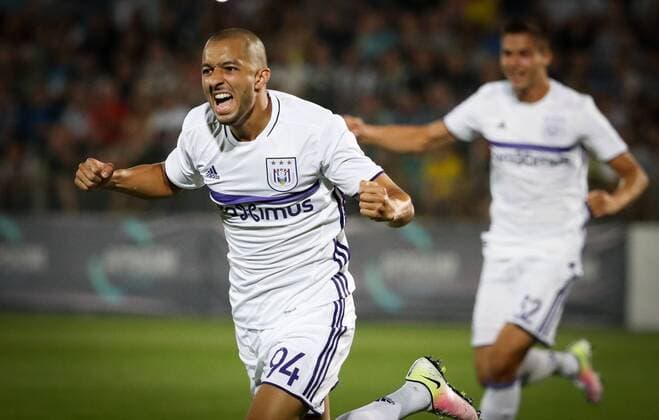 Anderlecht s Sofiane Hanni celebrates after scoring during the first leg of the third qualification round between Belgian first league soccer team RSC Anderlecht and Russian team FC Rostov in the Champions League competition, on Tuesday 26 July 2016, in Rostov-on-Don, Russia. VIRGINIExLEFOUR  x04899206x