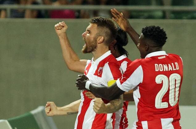 26.07.2016 Razgrad(Bulgaria) PFC Ludogorets-FK Crvena Zvezda(FC Red Star) Uefa 3rd leg Champions League qualify men s football Aleksandar Katai(L) and Mitchell Donald(r) FK Crvena Zvezda(FC Red Star) celebration : 