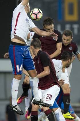 Bojan Golubovic of Steaua, from left, and Ondrej Zahustel, Josef Sural and David Lafata of Sparta in action during the 3rd qualifying round of football Champions League, 1st leg: Sparta Praha vs Steaua Bucharest in Prague, Czech Republic, July 26, 2016. (CTKxPhoto MichalxKamaryt) CTKPhotoP201607260955401  kmt 7