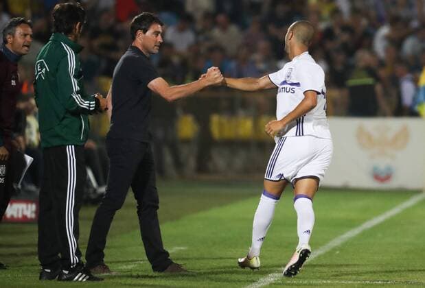 Anderlecht s head coach Rene Weiler and Anderlecht s Sofiane Hanni celebrate during the first leg of the third qualification round between Belgian first league soccer team RSC Anderlecht and Russian team FC Rostov in the Champions League competition, on Tuesday 26 July 2016, in Rostov-on-Don, Russia. VIRGINIExLEFOUR  x04899243x