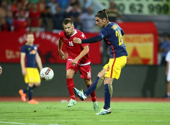 SOCCER - CL, quali, Tirana vs RBS ELBASAN,ALBANIA,26.JUL.16 - SOCCER - UEFA Champions League, qualification, FK Partizani Tirana vs Red Bull Salzburg. Image shows Jonatan Soriano (RBS) and Ylber Ramadani (Tirana). GEPAxpictures xFelixxRoittner
