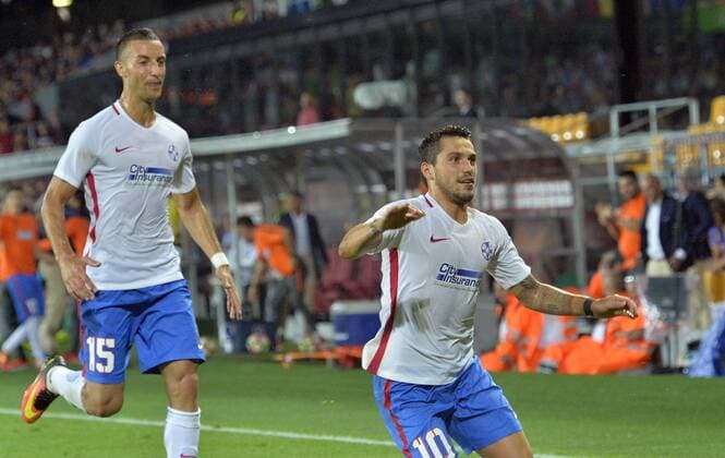 Marko Momcilovic, left, and Nicolae Stanciu of Steaua celebrate the Stanciu s goal during the 3rd qualifying round of football Champions League, 1st leg: Sparta Praha vs Steaua Bucharest in Prague, Czech Republic, July 26, 2016. (CTKxPhoto MichalxDolezal) CTKPhotoP201607260981201  dol 0003