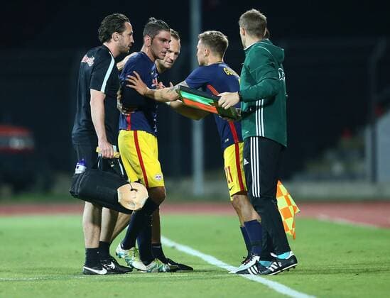 SOCCER - CL, quali, Tirana vs RBS ELBASAN,ALBANIA,26.JUL.16 - SOCCER - UEFA Champions League, qualification, FK Partizani Tirana vs Red Bull Salzburg. Image shows Jonatan Soriano and Fredrik Gulbrandsen (RBS). GEPAxpictures xFelixxRoittner
