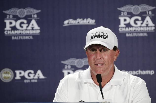 Phil Mickelson speaks at a press conference PK Pressekonferenz after his practice round at the PGA Golf Herren Championship at Baltusrol Golf Club in Springfield, New Jersey on July 26, 2016.  PGA20160726124 JOHNxANGELILLO