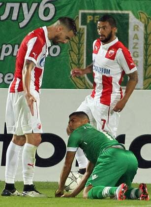 26.07.2016 Razgrad(Bulgaria) PFC Ludogorets-FK Crvena Zvezda(FC Red Star) 3rd leg Champions League qualify men s football Pedro Junior Quixada(c) PFC Ludogorets between Damien Le Tallec(L) and John Ruiz(r) FK Crvena Zvezda(FC Red Star) : 