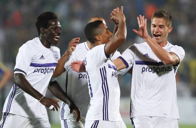 Anderlecht s Youri Tielemans (C) celebrates with his teammates after scoring during the first leg of the third qualification round between Belgian first league soccer team RSC Anderlecht and Russian team FC Rostov in the Champions League competition, on Tuesday 26 July 2016, in Rostov-on-Don, Russia. VIRGINIExLEFOUR  x04899263x
