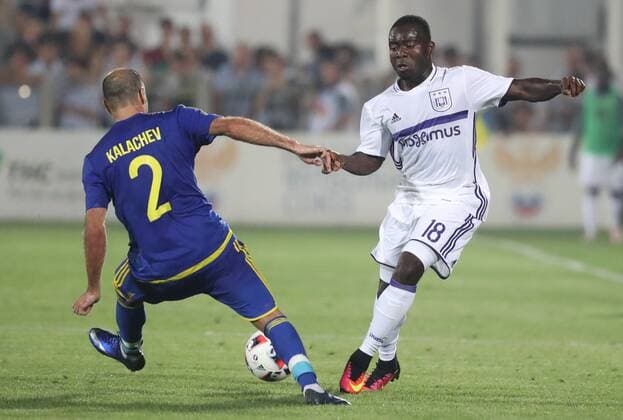 Rostov s Timofei Kalachev and Anderlecht s Frank Acheampong fight for the ball during the first leg of the third qualification round between Belgian first league soccer team RSC Anderlecht and Russian team FC Rostov in the Champions League competition, on Tuesday 26 July 2016, in Rostov-on-Don, Russia. VIRGINIExLEFOUR  x04899269x