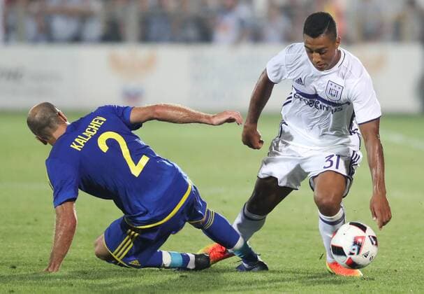 Rostov s Timofei Kalachev and Anderlecht s Youri Tielemans fight for the ball during the first leg of the third qualification round between Belgian first league soccer team RSC Anderlecht and Russian team FC Rostov in the Champions League competition, on Tuesday 26 July 2016, in Rostov-on-Don, Russia. VIRGINIExLEFOUR  x04899273x