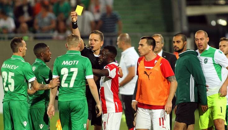 26.07.2016 Razgrad(Bulgaria) PFC Ludogorets-FK Crvena Zvezda(FC Red Star) 3rd leg Champions League qualify men s football Milan Borjan(r) and Cosmin Moti(3L) PFC Ludogorets receive yellow card from Martin Strömbergsson(4L) Swedish referee in tensions with Guelor Kanga(5L) and Pablo Mouche(6L) FK Crvena Zvezda(FC Red Star) : 