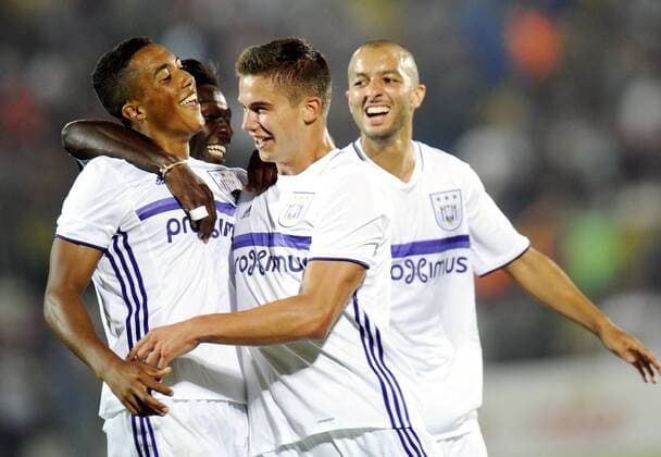 ROSTOV-ON-DON, RUSSIA - JULY 26, 2016: Anderlecht s players celebrate scoring in Leg 1 of the 2016 17 UEFA Champions League Third qualifying round match against FC Rostov at Olimp-2 Stadium. The game ended in a 2:2 draw. Valery Matytsin TASS  TS02AF3D