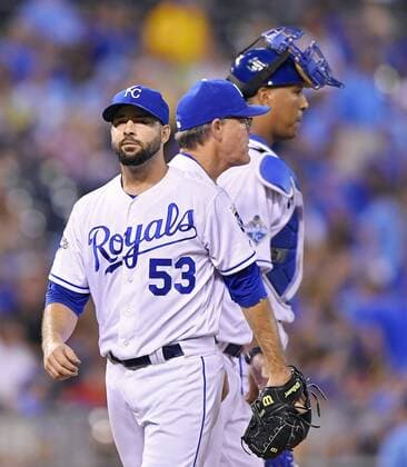 July 26, 2016 - Kansas City, MO, USA - Kansas City Royals starting pitcher Dillon Gee is relieved by manager Ned Yost in the sixth inning against the Los Angeles Angels on Tuesday, July 26, 2016, at Kauffman Stadium in Kansas City, Mo. LA Angels at Kansas City - ZUMAm67_