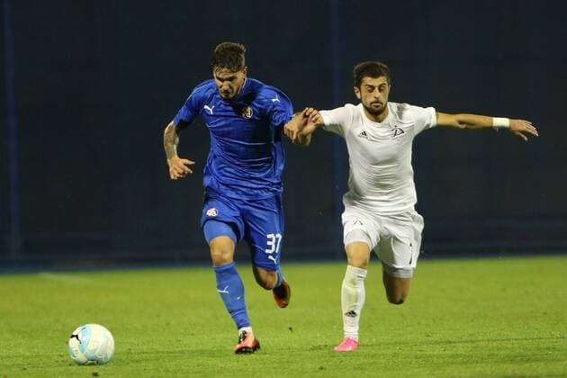 Zagreb, 26.7.2016., Stadion Maksimir - UEFA Champions League, Third qualifying round, First leg. GNK DINAMO Zagreb (blue) - DINAMO Tbilisi (white) 2:0 Petar STOJANOVIC (37) vs Vakhtang CHANTURISHVILI (7)
