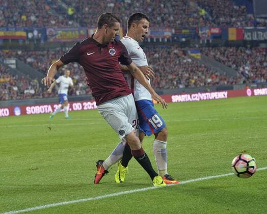 ONDREJ ZAHUSTEL, of Sparta, left, and ADNAN AGANOVIC of Steaua in action during the 3rd qualifying round of football Champions League, 1st leg: Sparta Praha vs Steaua Bucharest in Prague, Czech Republic, July 26, 2016. (CTKxPhoto MichalxDolezal) CTKPhotoP201607260999901  DOL