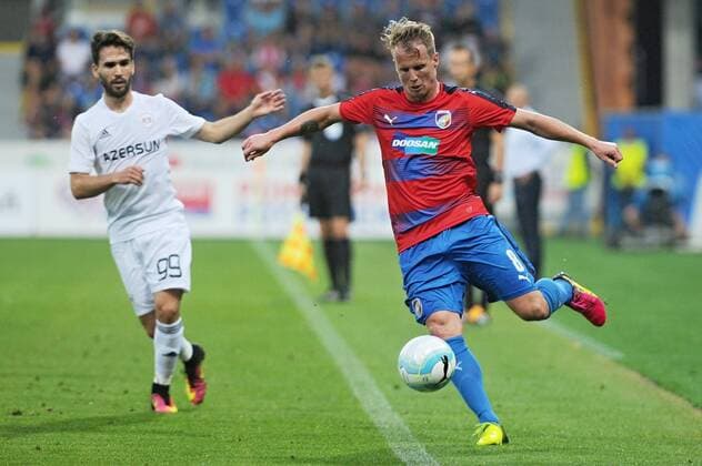 DANI QUINTANA of Karabach, left, and DAVID LIMBERSKY of Viktoria in action during the 3rd qualifying round of football Champions League, 1st leg: FC Viktoria Pilsen vs FK Karabach in Pilsen, Czech Republic, July 26, 2016. (CTKxPhoto PavelxNemecek) CTKPhotoP201607261018601  nmc9
