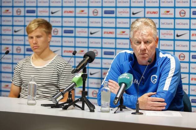 Genk s Jerre Uronen and Genk s head coach Peter Maes pictured during a press conference PK Pressekonferenz of Belgian first league soccer team KRC Genk, Wednesday 27 July 2016, in Genk. Tomorrow Genk is playing the first leg of the third qualifying round in the Europa League competition against Ireland s Cork City F.C.. BRUNOxFAHY  x04899375x