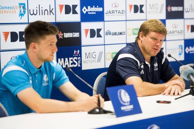 Gent s Thomas Foket and Gent s head coach Hein Vanhaezebrouck pictured during a press conference PK Pressekonferenz of Belgian first league soccer team KAA Gent, Wednesday 27 July 2016, in Gent. Tomorrow Gent is playing the first leg of the third qualifying round in the Europa League competition against Romania s FC Viitorul Constanta. JASPERxJACOBS  x04899390x