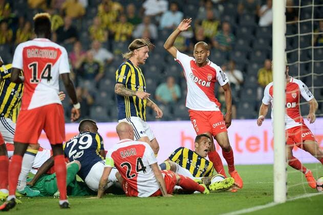 UEFA Champions League Third qualifying round first leg match between Fenerbahce Istanbul and Monaco on July 27, 2016 at the Ulker Stadium in Istanbul,Turkey. Pictured: Simon Kjaer , Fernandao of Fenerbahce and Fabinho 2 , Goalkeeper Morgan de Sanctis and Valere Germain 18 of Monaco. 