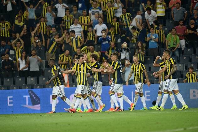 UEFA Champions League Third qualifying round first leg match between Fenerbahce Istanbul and Monaco on July 27, 2016 at the Ulker Stadium in Istanbul,Turkey. Pictured: Fenerbahce players celebrates for Emmanuel Emenike first goal. 