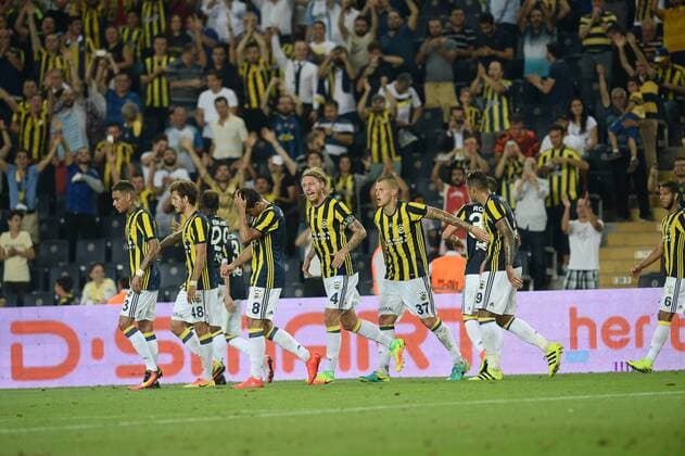 UEFA Champions League Third qualifying round first leg match between Fenerbahce Istanbul and Monaco on July 27, 2016 at the Ulker Stadium in Istanbul,Turkey. Pictured: Fenerbahce players Simon Kjaer , Martin Skrtel and other players celebrates for Emmanuel Emenike s first goal. 