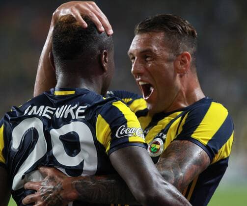 UEFA Champions League Third qualifying round first leg match between Fenerbahce Istanbul and Monaco on July 27, 2016 at the Ulker Stadium in Istanbul,Turkey. Pictured: Jose Fernandao and Emmanuel Emenike of Fenerbahce. 