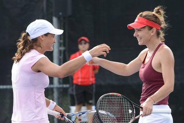 July 27, 2016 - Montreal, Canada - MONICA NICULESCU and SIMONA HALEP of Romania celebrate winning their doubles match vs. Bondarenko Savchuk in the Rogers Cup Tennis Tournament. Tennis 2016 - Rogers Cup - Day 3 - ZUMAl132