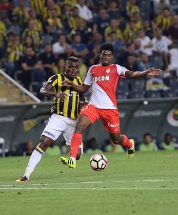 UEFA Champions League Third qualifying round first leg match between Fenerbahce Istanbul and Monaco on July 27, 2016 at the Ulker Stadium in Istanbul,Turkey. Final Score : Fenerbahce 2 - Monaco 1 Pictured: Emmenuel Emenike (L) of Fenerbahce and Jemerson (R) of Monaco. 