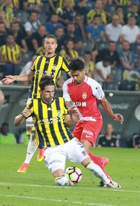 UEFA Champions League Third qualifying round first leg match between Fenerbahce Istanbul and Monaco on July 27, 2016 at the Ulker Stadium in Istanbul,Turkey. Final Score : Fenerbahce 2 - Monaco 1 Pictured: Hasan Ali Kaldirim of Fenerbahce and Radamel Falcao of Monaco. 
