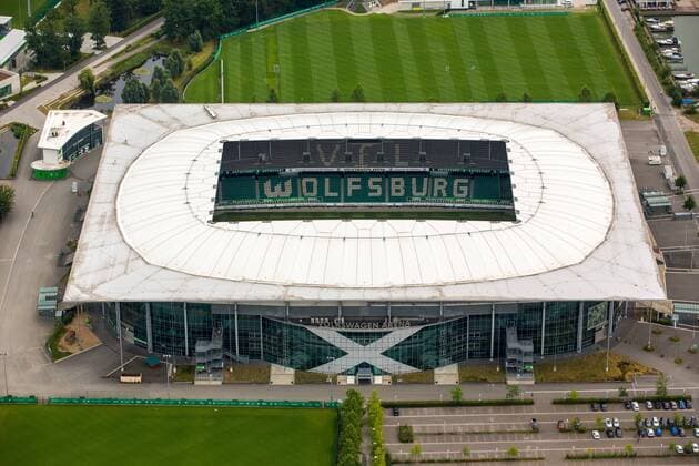Luftbild, Volkswagen Arena des VfL Wolfsburg, Bundesliga Fußballclub, Volkswagenwerk Wolfsburg , Niedersachsen, Deutschland, Europa !ACHTUNGxMINDESTHONORARx60xEURO!