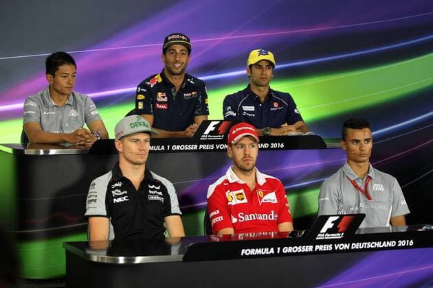 German Grand Prix, Hockenheimring 28 - 31 July 2016 28.07.2016 - press conference PK Pressekonferenz (L-R) Rio Haryanto (IDN) Manor Racing MRT05, Daniel Ricciardo (AUS) Red Bull Racing RB12, Felipe Nasr (BRA) Sauber C34, Nico Hulkenberg (GER) Sahara Force India F1 VJM09, Sebastian Vettel (GER) Scuderia Ferrari SF16-H and Pascal Wehrlein (GER) Manor Racing MRT05 