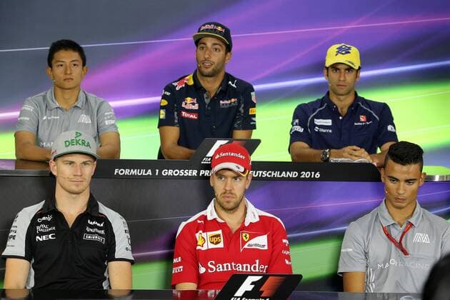 German Grand Prix, Hockenheimring 28 - 31 July 2016 28.07.2016 - press conference PK Pressekonferenz (L-R) Rio Haryanto (IDN) Manor Racing MRT05, Daniel Ricciardo (AUS) Red Bull Racing RB12, Felipe Nasr (BRA) Sauber C34, Nico Hulkenberg (GER) Sahara Force India F1 VJM09, Sebastian Vettel (GER) Scuderia Ferrari SF16-H and Pascal Wehrlein (GER) Manor Racing MRT05 