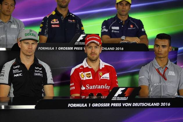German Grand Prix, Hockenheimring 28 - 31 July 2016 28.07.2016 - press conference PK Pressekonferenz Nico Hulkenberg (GER) Sahara Force India F1 VJM09, Sebastian Vettel (GER) Scuderia Ferrari SF16-H and Pascal Wehrlein (GER) Manor Racing MRT05 