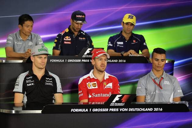 28.07.2016. Hockenheim, Germany. Drivers press conference PK Pressekonferenz at Hockenheimring in Hockenheim, Germany, 28 July 2016. The Grand Prix of Germany takes place on 31 July 2016. Nico Hulkenberg, Sebastian Vettel, Pascal Wehrlein, Rio Haryanto, Daniel Ricciardo and Felipe Nasr xLeannexBoonx  ActionPlus11766154