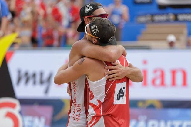 28.07.2016, Strandbad, Klagenfurt, AUT, FIVB World Tour, Beachvolleyball Major Series, Klagenfurt, Herren, im Bild Martin Ermacora (1,AUT), Moritz Pristauz-Telsnigg (2, AUT) during the FIVB World Tour Major Series Tournament at the Strandbad in Klagenfurt, Austria on 2016 07 28. Klagenfurt EP_ste