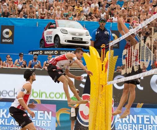 28.07.2016, Strandbad, Klagenfurt, AUT, FIVB World Tour, Beachvolleyball Major Series, Klagenfurt, Herren, im Bild Alexander Huber (1, AUT), Robin Seidl (2, AUT), Michal Kadziola (1, POL) during the FIVB World Tour Major Series Tournament at the Strandbad in Klagenfurt, Austria on 2016 07 28. Klagenfurt EP_ste